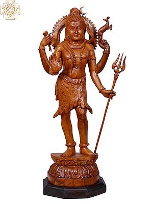 23" Lord Shiva Teakwood Idol with Trishul Standing on Pedestal | Carving Handmade Statue