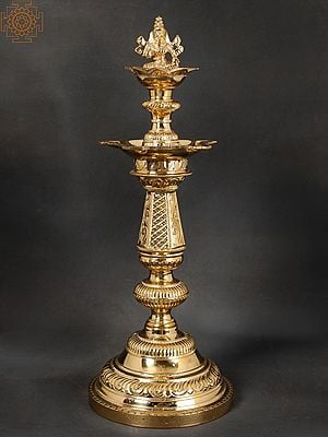 16" Lakshmi Lamp (Goddess Lakshmi On Top of Lamp) In Brass | Handmade | Made In India