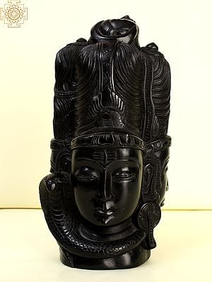 9" Mukhalingam (Three Heads Lord Shiva) | Black Stone Statue