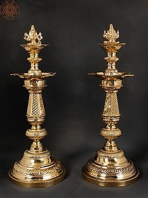 27" Superfine Pair of Lamps (Lord Ganesha and Goddess Lakshmi On Top of Lamp)