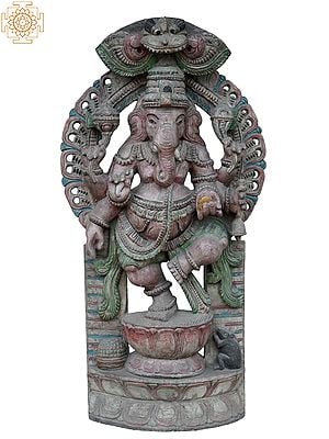36" Large God Dancing Ganesha On His Throne | Wooden Statue