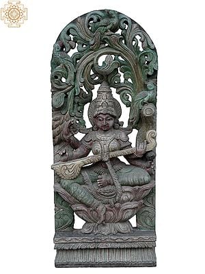 36" Large Goddess Saraswati Seated On lotus Playing Sitar | Wooden Statue