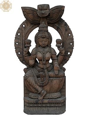 36" Large Goddess Lakshmi Seated On Throne | Wooden Statue