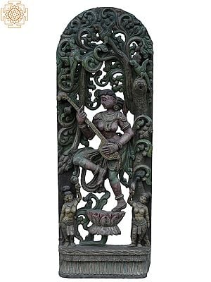 35" Large Apsara Playing Sitar Standing On Lotus | Wooden Statue