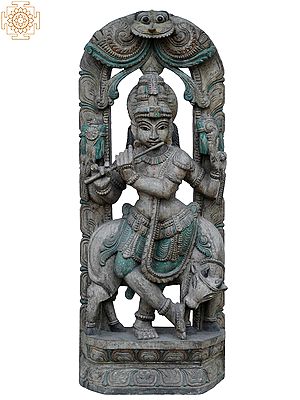 36" Large Wooden Venugopal lord krishna Playing Flute With Cow Statue
