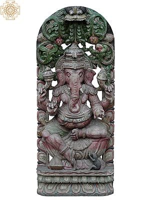 35" large God Ganesha Seated On Lotus Throne Worship Mooshak | Wooden Statue