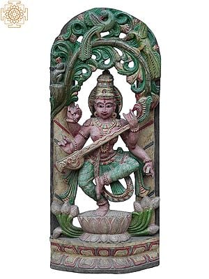 36" Large Dancing Goddess Saraswathi Playing Sitar | Wooden Statue