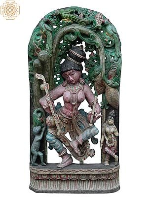 35" Large Apsara Playing Sitar | Wooden Statue