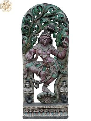 36" Large Krishna Killing Kaliya Naag | Wooden Statue Statue Statue