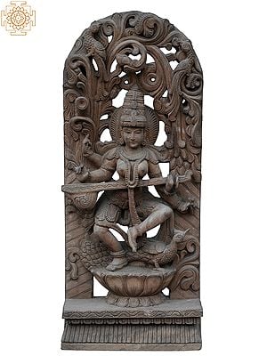 36" Large Goddess Saraswati Dance And Playing Sitar | Wooden Statue