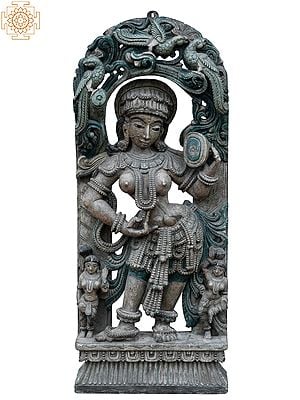 36" Large Mirror Lady Standing On Throne | Wooden Statue
