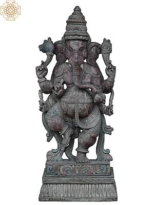 36" Large Dancing Ganesha On One Foot | Wooden Statue