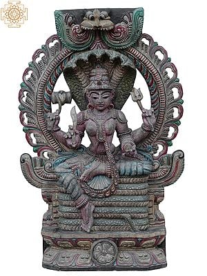 36" Large Devi Lakshmi Seated On Sheshnag Throne | Wooden Statue
