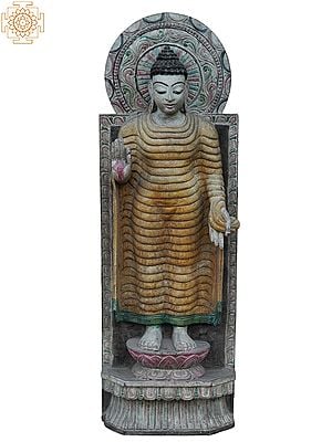 36" Large Lord Buddha Standing On Throne | Wooden Statue