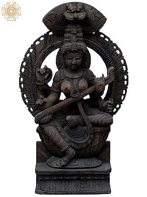 36" Large  Goddess Saraswati Playing Sitar | Wooden Statue