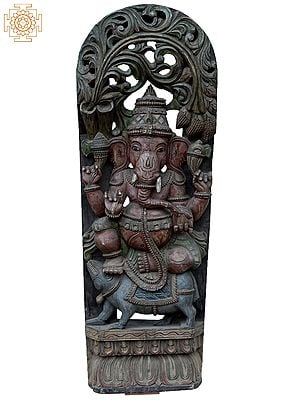 36" Large Lord Ganesh On Rat (Vahana) | Wooden Statue
