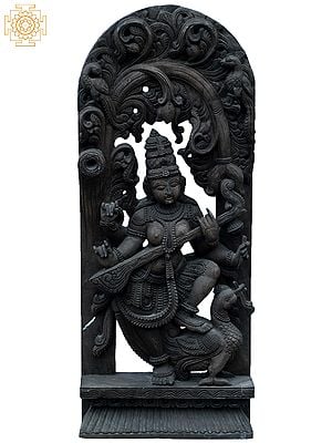 36" Large Goddess Saraswati Playing Sitar  | Wooden Statue