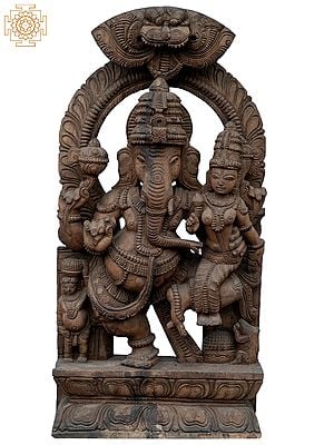 36" Large God Ganesha With Siddhi | Wooden Statue