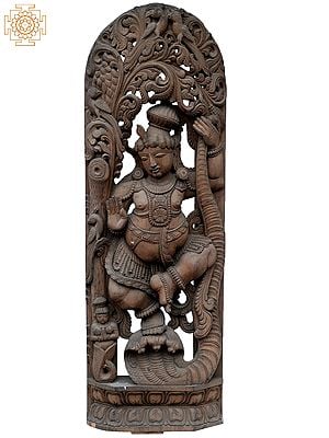 42" Large God Krishna Killing Kaliya Naag Wooden Statue