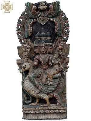 36" Large Lord Brahma And Saraswati Seated On Hamsa Vahana | Wooden Statue