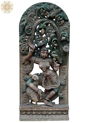 42" Large Dancing Lady (Apsara) With Hamsa And Peacock | Wooden Statue