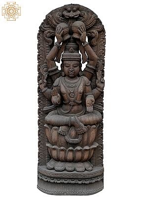 45" Large Lord Vishnu Seated On Throne Lifting The Pot | Wooden Statue