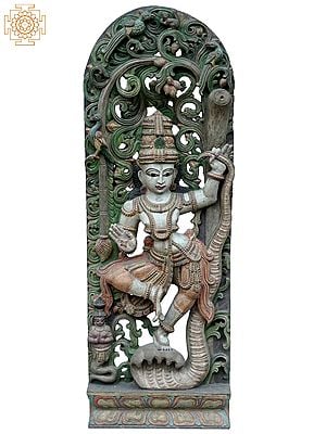 42" Large God Krishna Dancing On Kaliya Naag | Wooden Statue