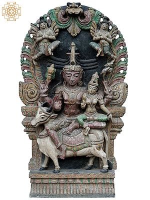 42" Large Lord Shiva Parvati Seated On Nandi (Rishabarudar) | Wooden Statue