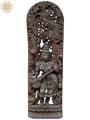 48" Large Goddess Standing Saraswati Playing Sitar | Wooden Statue