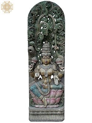46" Large Goddess Lakshmi Seated On Lotus Throne | Wooden Statue