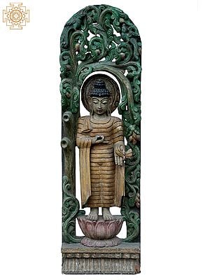 48" Large Lord Buddha Standing On Lotus | Wooden Statue