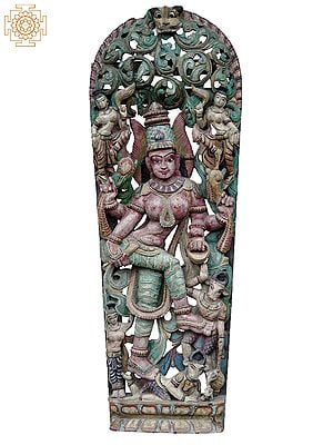 48" Large Maa Devi Killing Demon Wooden Statue