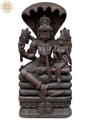 36" Large Lord Vishnu Wooden Idol with Lakshmi on Sheshnag Throne