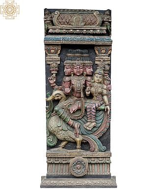 56" Large Lord Brahma With Goddess Lakshmi On Hamsa | Wooden Statue