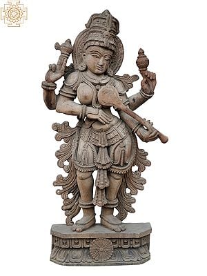 50" Large Goddess Saraswati Playing Sitar Wooden Statue