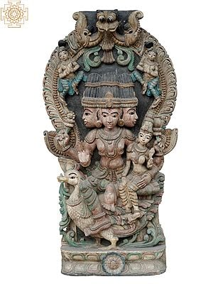 50" Large Tri Mukhi Brahma With Goddess Lakshmi On Hamsa | Wooden Statue