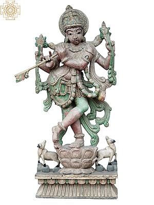 37" Large Lord Krishna Playing Flute On Lotus With Cow | Wooden Statue