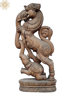 37" Large Yali With Elephant | Wooden Statue