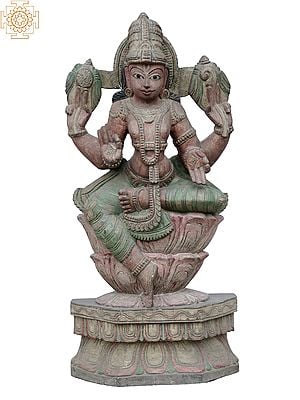 25" God Vishnu Idol Seated on Lotus | Wooden Statue of Hindu Deity
