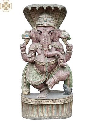 25" Dancing Ganesh With Sheshnag Worship Mooshak Wooden Statue