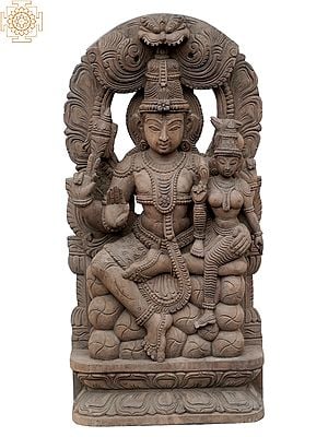 24" Lord Shiva Parvati On Throne Wooden Statue