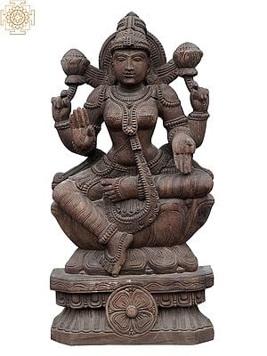 24" Wooden Goddess Lakshmi On Louts Statue
