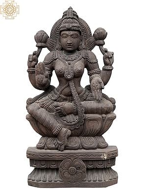 24" Goddess Lakshmi On Louts | Wooden Statue