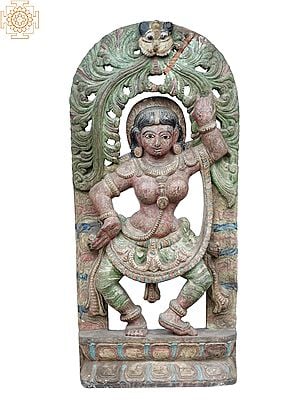 24" Dancing Apsara On Kritimukha | Wooden Statue