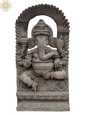 23" Lord Vinayaka Seated On Throne Wooden Statue