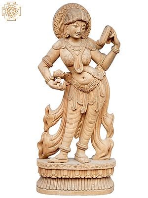 24" Wooden Statue of Apsara with Mirror | Darpana Sundari Idol