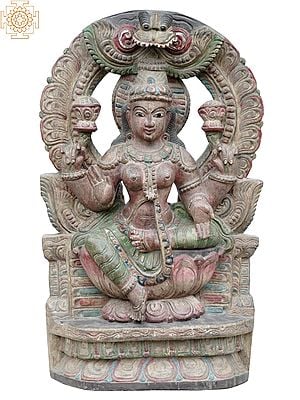 24" Four Armed Goddess Lakshmi On Lotus Wooden Statue