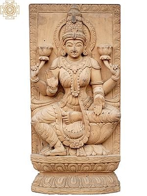 24" Goddess Lakshmi Seated On Louts Wooden Statue