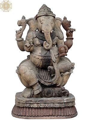 25" Wooden Statue of God Ganesha on Lotus