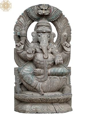 18" God Ganesha Seated On Lotus Mooshak Worship Wooden Statue